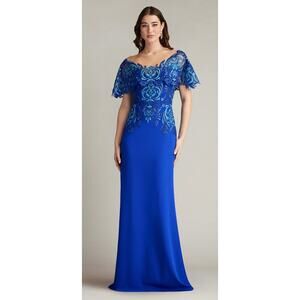 Tadashi Shoji Blue Ruffled Sleeve Illusion Gown - Size 16 (New)